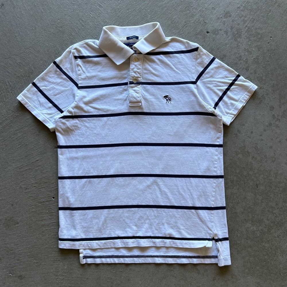 Vintage Abercrombie & Fitch Polo Shirt Size Large White Striped Y2K Muscle Fit